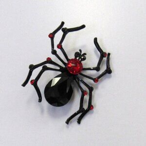 Black Rhinestone Crystal Spider Pin Brooch Halloween Black Widow Spider NEW
